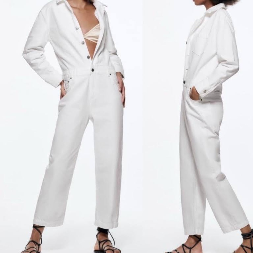 Zara White Denim Long Sleeve Jumpsuit
